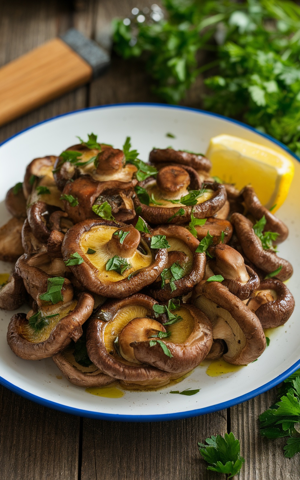 Sautéed Wine Cap Mushrooms with Garlic and Herbs Recipe Sautéed wine cap mushrooms with garlic and herbs on a rustic plate, garnished with parsley and lemon.